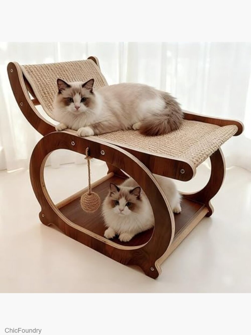 Sisal Cat Scratcher Chair, Elevated Cat Lounge Bed for Indoor Cats, Wooden Pet